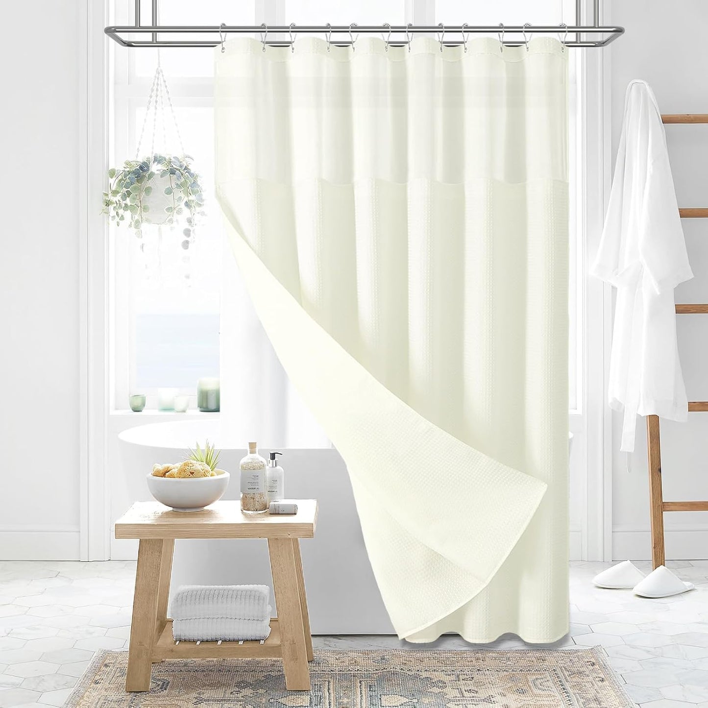 Dynamene Sage Green Shower Curtain - Waffle Textured Heavy Duty Thick Fabric Shower Curtains for Bathroom, 256GSM Luxury Weighted Polyester Cloth Bath Curtain Set with 12 Plastic Hooks，72Wx72H,Green