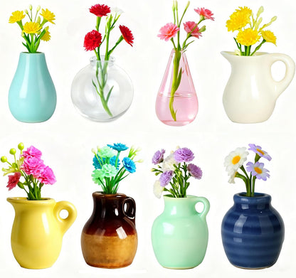 8 Pcs Refrigerator Magnets - Cute Mini Ceramic Vase Fridge Magnets with Artificial Flowers, Funny Tiny Vase Magnet for Fridge Decorative, Office, Kitchen, Locker, Whiteboard