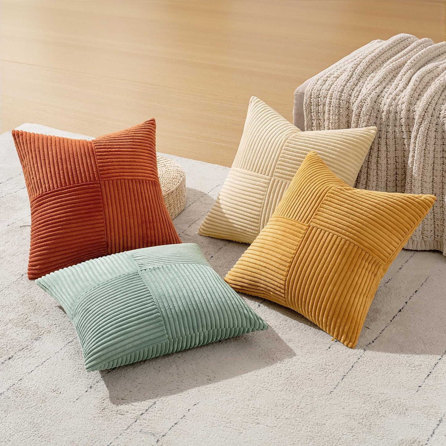 Teal Orange Decorative Throw Pillow Covers 18x18 Inch Set of 4 Boho Corduroy Striped Cushion Cases Modern Farmhouse Patchwork Pillow Cases for Couch Sofa Bedroom Home Decor