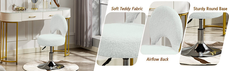 Small Vanity Chair, 360 Swivel Vanity Stool with Folding Back for Teenager, Comfy Teddy Ottoman Stool for Bedroom, Dressing Room, Teddy Fabric, White