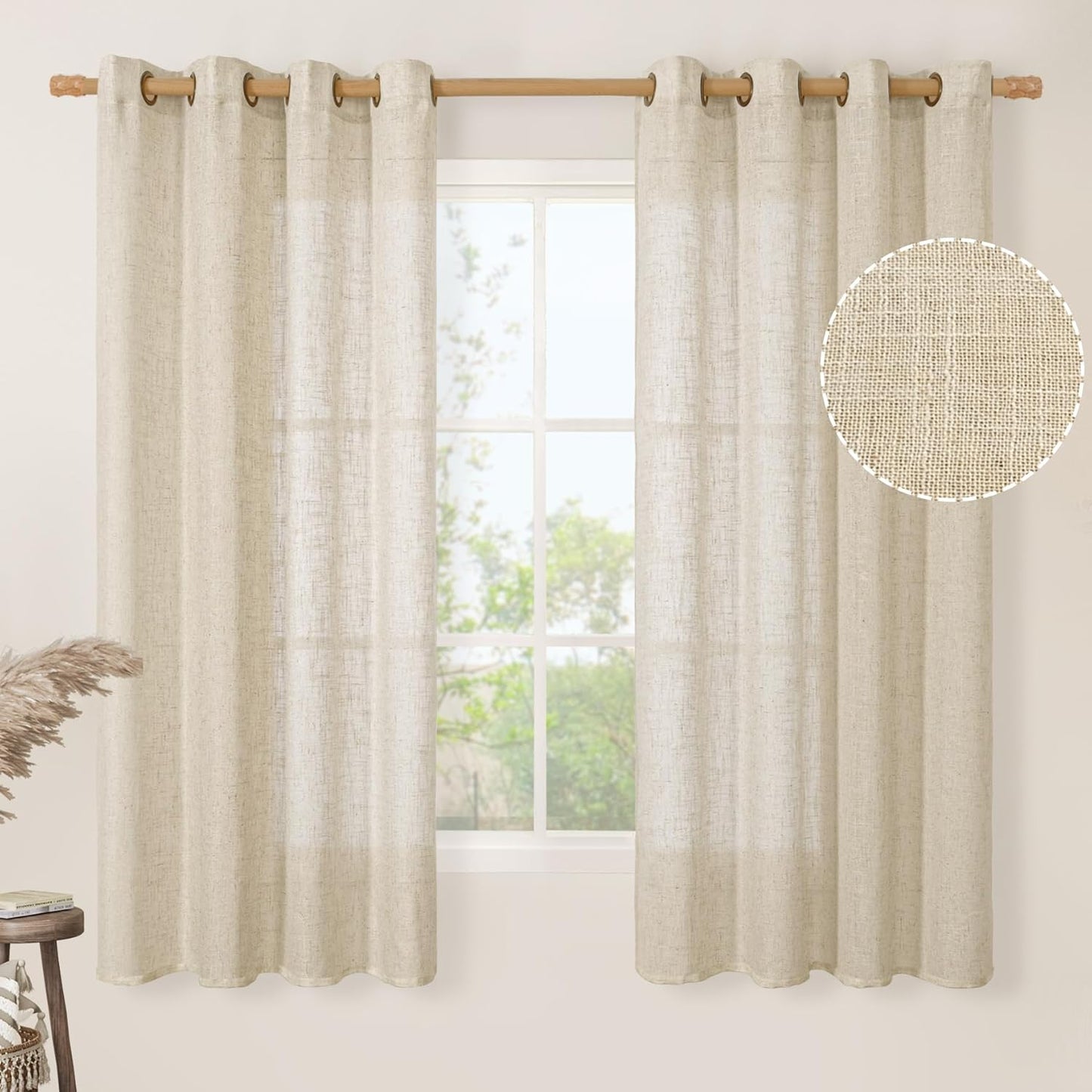 Natural Ivory Linen Semi Sheer Curtains 84 inch Length, Cream Light Filtering Soft Thick Neutral Living Room Drapes with Bronze Grommet for Bedroom/Farmhouse, 2 Panels, 52 x 84 Inch