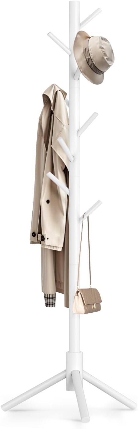 Coat Rack Freestanding with 8 Hooks,Easy Assembly New Zealand Pine Tree Coat Racks, 3 Adjustable Sizes for Clothes, Hats, Bags, for Entryway, Hallway, Bedroom, Office (White, 1 PC)