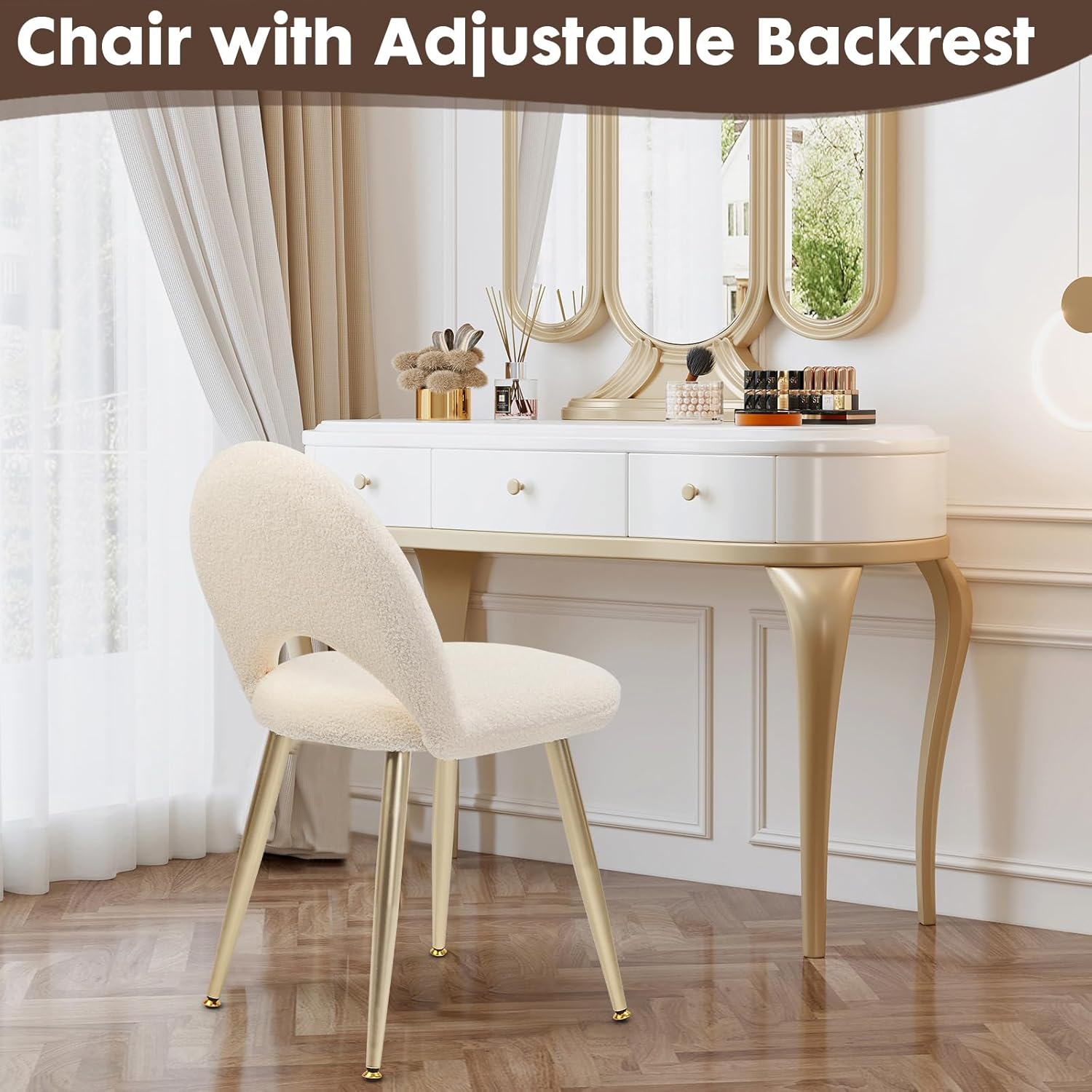 Vanity Chair with Adjustable Backrest, Boucle Upholstery Armless Makeup Stool, Cream White Sherpa Vanity Stool with Gold Metal Legs for Bedroom Living Room Kitchen Dinning Room (Gold and White)