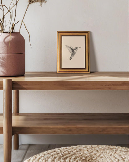 Vintage Gold Framed Wall Art, Sketch Birds Canvas Painting, Cute but Exquisite Wall Decor, No Glass No Glare, Suitable for Bedside Tables, Foyer, Bookshelves,【Hummingbird】-10L x 8W