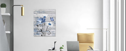 Farmhouse Floral Wall Art for Living Room, Blue and White Daisy Flower and Butterfly on Rustic Wood Board Canvas Wall Art Framed Artwork Ready to Hang for Bathroom Bedroom Decor, 16L X 12W