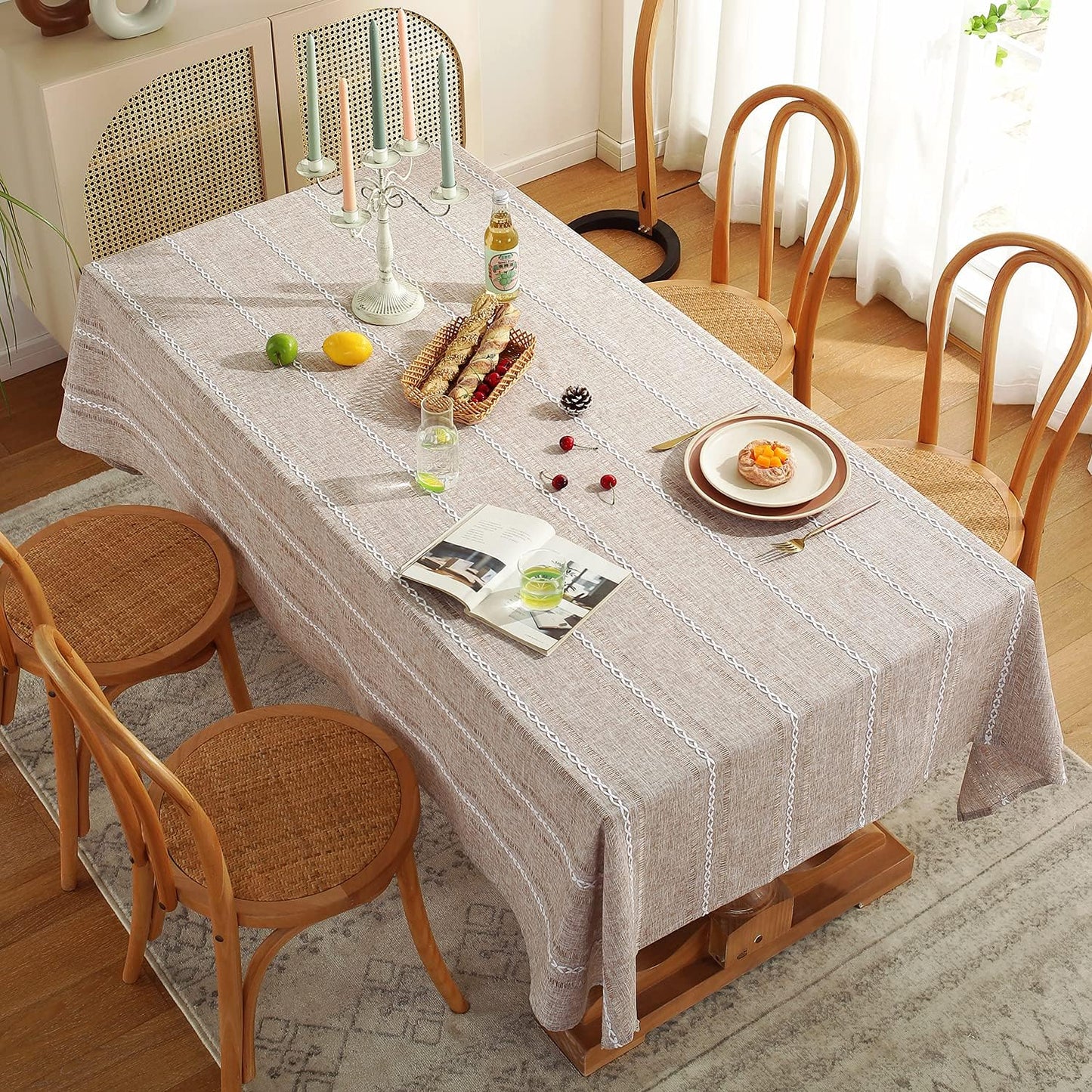 60 x 84 inches Farmhouse Style Linen tablecloths, Wrinkle Resistant Washable Dining Room Table Cloths for Rectangle Tables - Hemstitch Light Coffee