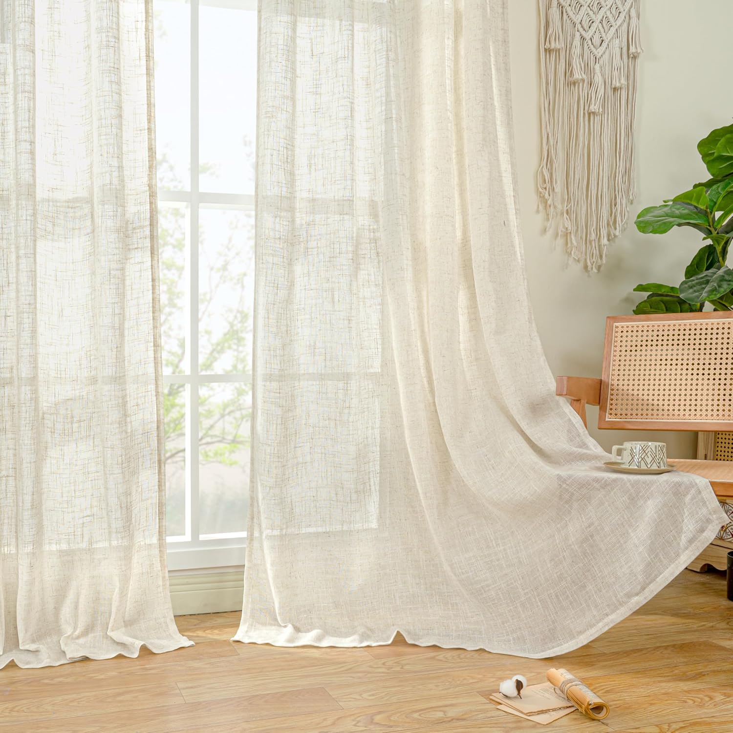 Natural Ivory Linen Semi Sheer Curtains 84 inch Length, Cream Light Filtering Soft Thick Neutral Living Room Drapes with Bronze Grommet for Bedroom/Farmhouse, 2 Panels, 52 x 84 Inch