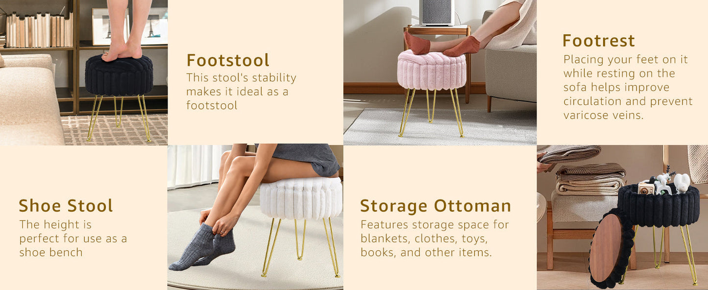 Vanity Stool with Storage, Faux Fur Ottoman Chair with Metal Legs, Round Makeup Vanity Chair for Bedroom or Dressing Table, Modern Small Ottoman Seat (Pink)