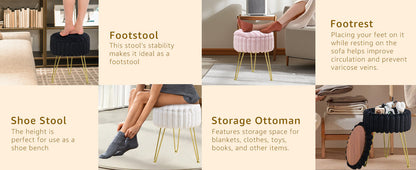 Vanity Stool with Storage, Faux Fur Ottoman Chair with Metal Legs, Round Makeup Vanity Chair for Bedroom or Dressing Table, Modern Small Ottoman Seat (Pink)