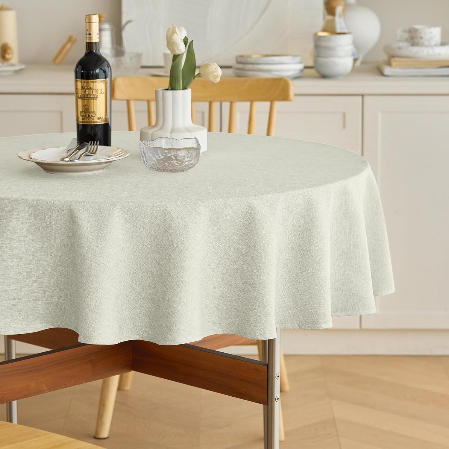 Decorelia Faux Linen Round Tablecloths 60 inch, Waterproof Decorative Washable Texture Rustic Circle Table Cloth Cover for Dining Kitchen Party Farmhouse Outdoor(Round (2-4 Seats),Sage Green)