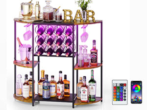 JKsmart Wine Bar Cabinet with LED Lights, Mini Wine Bar Cart with Storage and Glass Holder, Home Bar Coffee Bar for Liquor, 3-Tier Bar Table for Kitchen, Dining Room, Living Room, Black
