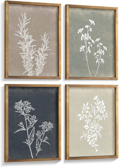 Framed Boho Wall Art Set of 4 for Wooded Minimalist Botanical Print Wall Art for Rustic Vintage Farmhouse Home Kitchen Wall Decor (Brown, 11x14)