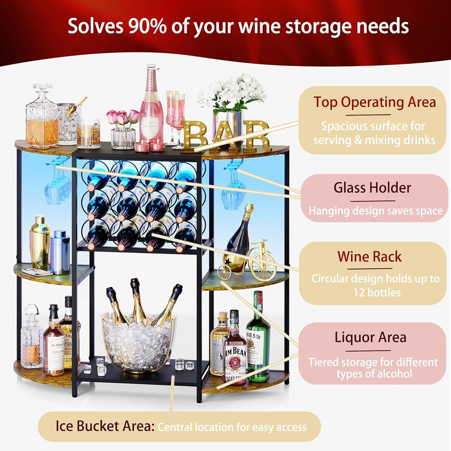 JKsmart Wine Bar Cabinet with LED Lights, Mini Wine Bar Cart with Storage and Glass Holder, Home Bar Coffee Bar for Liquor, 3-Tier Bar Table for Kitchen, Dining Room, Living Room, Black
