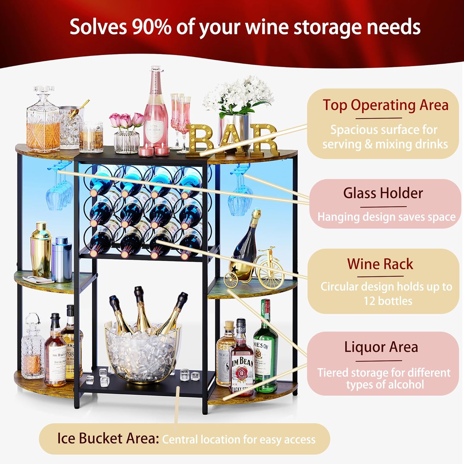 JKsmart Wine Bar Cabinet with LED Lights, Mini Wine Bar Cart with Storage and Glass Holder, Home Bar Coffee Bar for Liquor, 3-Tier Bar Table for Kitchen, Dining Room, Living Room, Black
