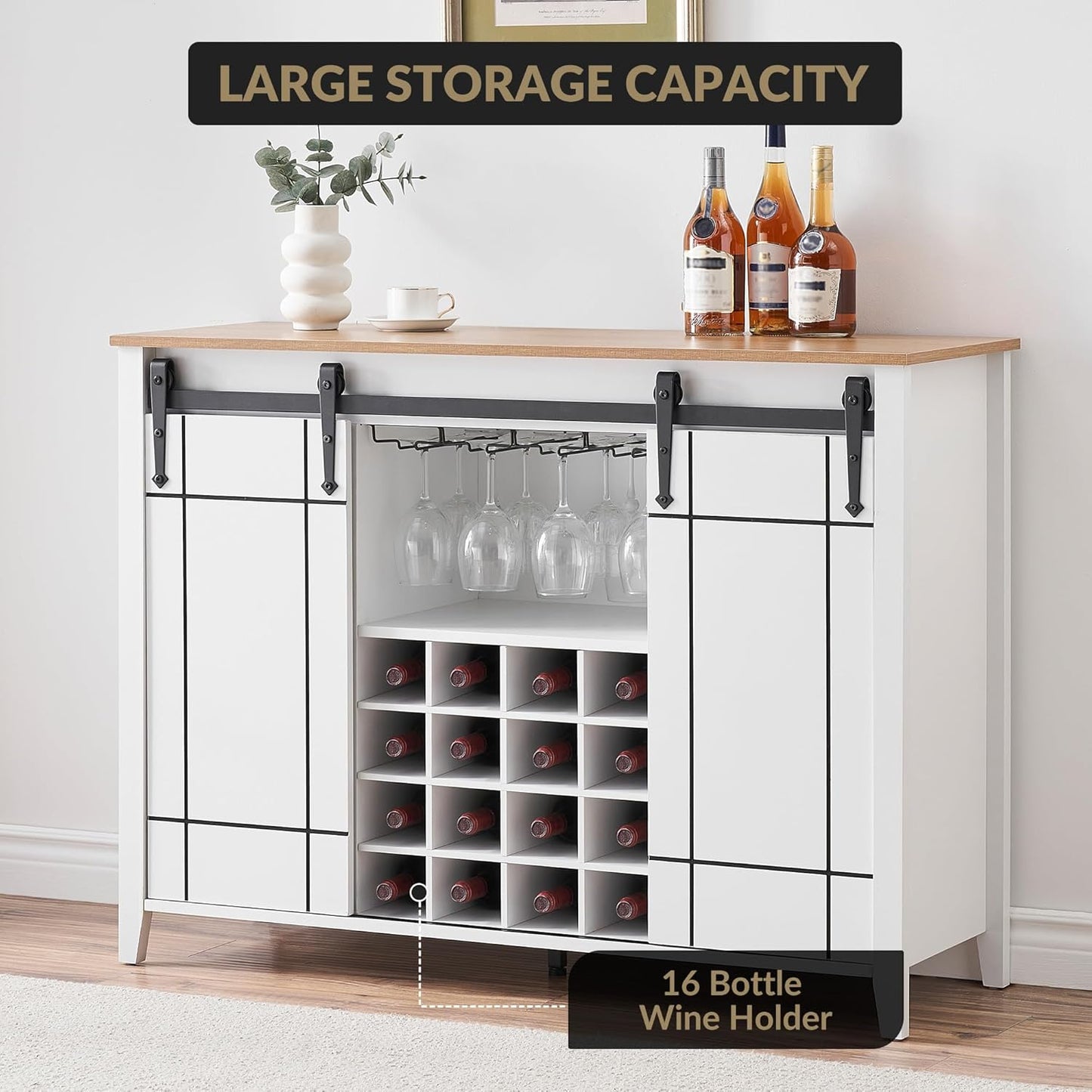 GAOMON Farmhouse Coffee Bar Cabinet 47", Buffet Cabinet with Sliding Barn Door, Coffee Bar with 4 Glass Hooks and 16 Wine Racks for Kitchen, Dining and Living Room, White