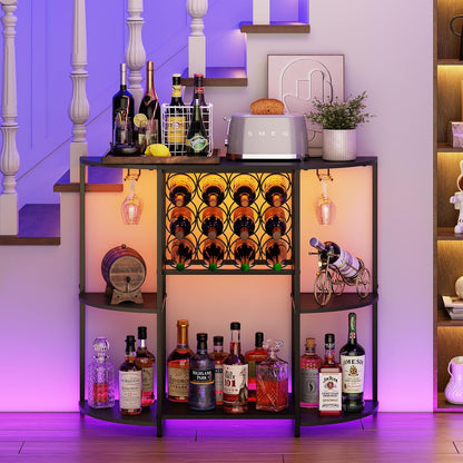 JKsmart Wine Bar Cabinet with LED Lights, Mini Wine Bar Cart with Storage and Glass Holder, Home Bar Coffee Bar for Liquor, 3-Tier Bar Table for Kitchen, Dining Room, Living Room, Black