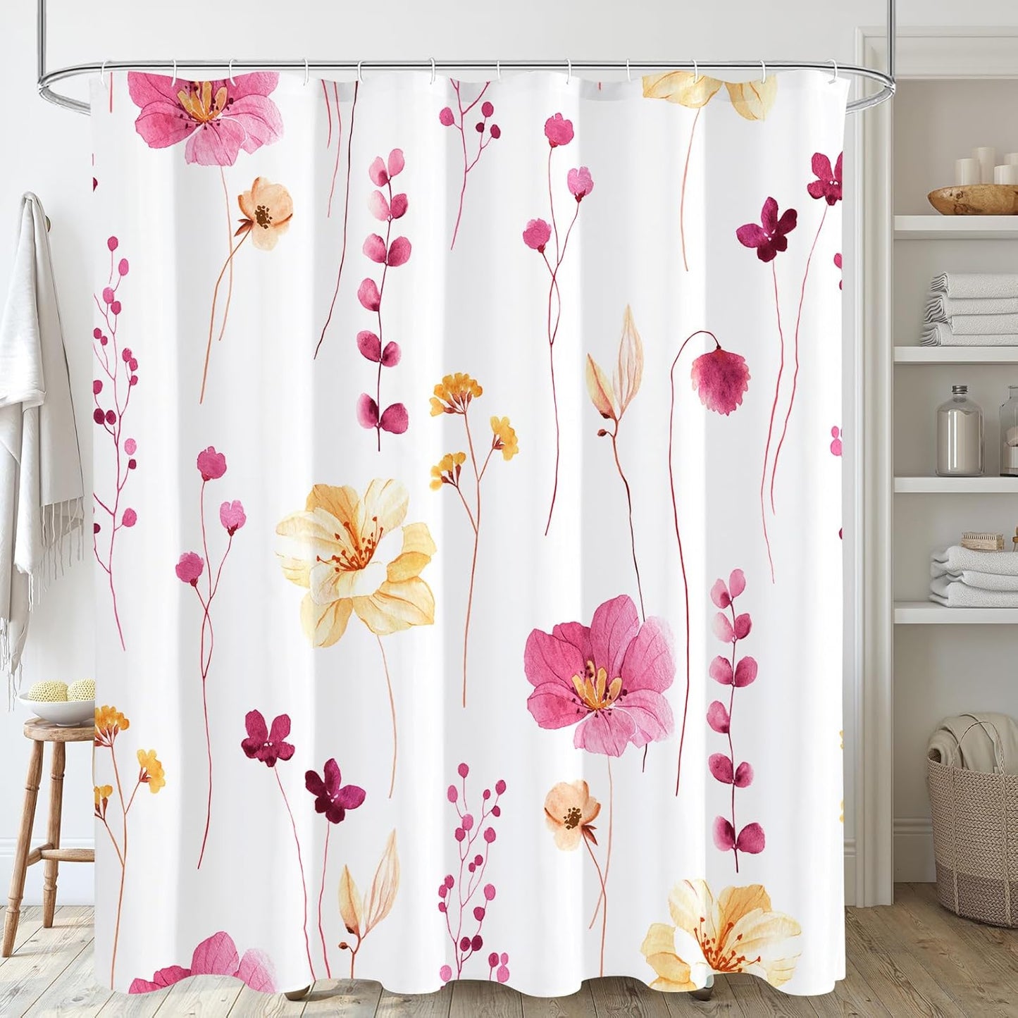 Watercolor Floral Shower Curtain, Sage Green Beige Flower Shower Curtain for Bathroom, Modern Minimalist White Waterproof Fabric Shower Curtain Set 72x72 Inch