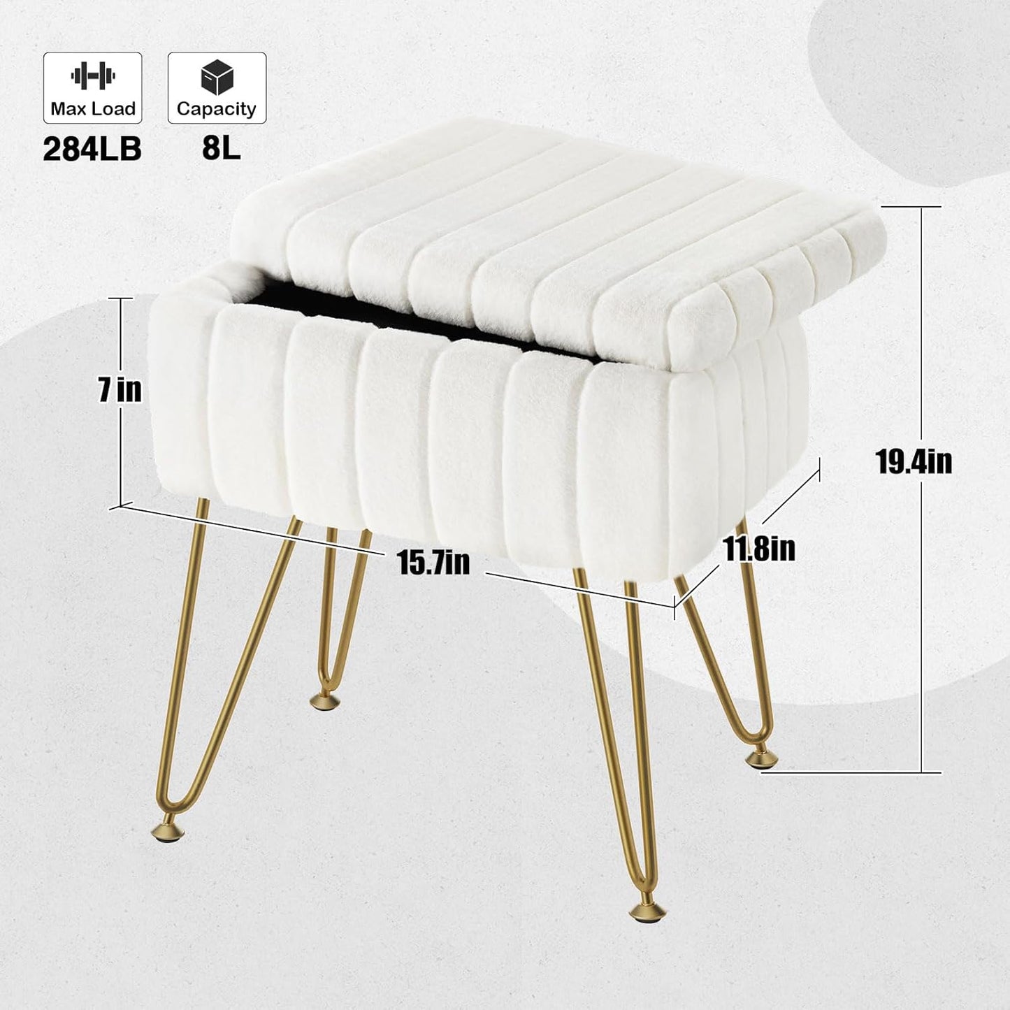 Vanity Stool Chair Faux Fur with Storage, 15.7"L x 11.8"W x 19.4"H Soft Ottoman 4 Metal Legs with Anti-Slip Feet, Furry Padded Seat, Modern Multifunctional Chairs for Makeup, Bedroom White