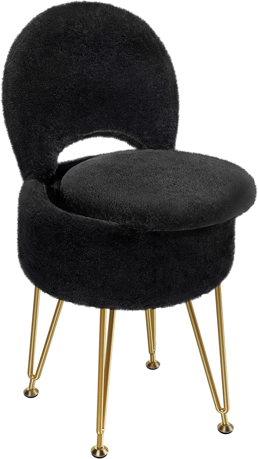 Small Vanity Stool Chair with Storage and Folding Back, 13" x 13" x 17.7" Faux Fur Soft Ottoman for Teenager, 4 Metal Legs with Anti-Slip Feet, Furry Padded Seat for Makeup, Bedroom, White