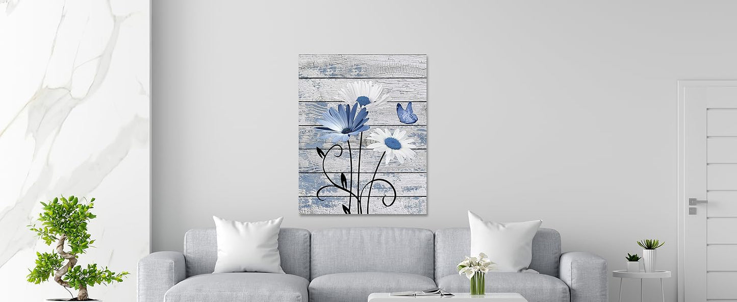 Farmhouse Floral Wall Art for Living Room, Blue and White Daisy Flower and Butterfly on Rustic Wood Board Canvas Wall Art Framed Artwork Ready to Hang for Bathroom Bedroom Decor, 16L X 12W