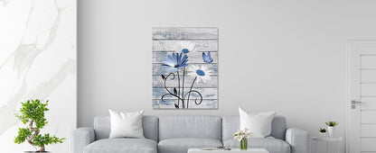 Farmhouse Floral Wall Art for Living Room, Blue and White Daisy Flower and Butterfly on Rustic Wood Board Canvas Wall Art Framed Artwork Ready to Hang for Bathroom Bedroom Decor, 16L X 12W