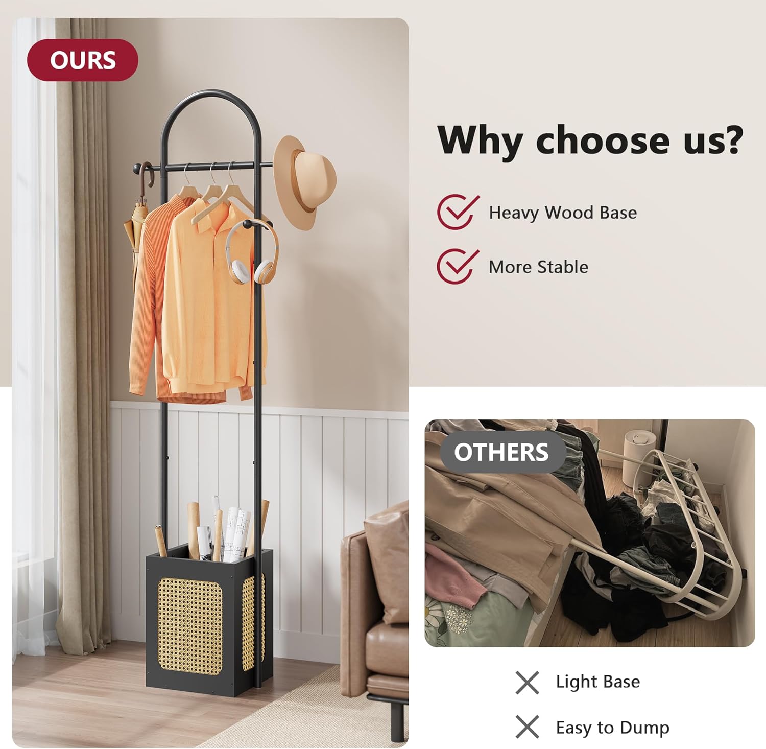 Coat Rack Stand with Wooden Base, Coat Tree Rattan Design, Coat Hanger Stand with 6 Hooks, Small Clothes Rack for Living Room, Bedroom, Office, Black