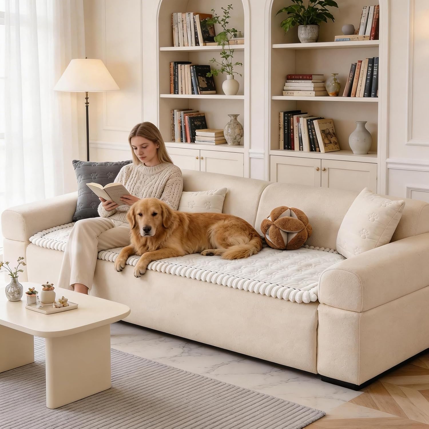 Couch Covers for Dogs Washable, Sofa Cover with Adjustable Straps for 3 Cushion Couch,Non-Slip Pet Couch Protector for Sectional & Leather Sofa, 1PC (Beige, 27.6" x 82.7")