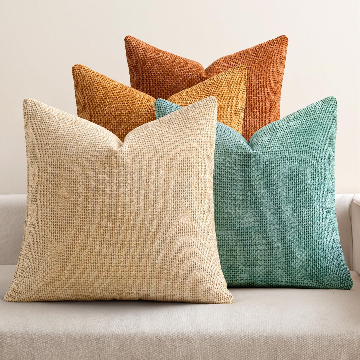 MIULEE Pack of 4 Couch Throw Pillow Covers 18x18 Inch Neutral Soft Decorative Chenille Pillow Covers Farmhouse Boho Cushion Covers for Mid Century Modern Spring Home Decor Sofa Bedroom Living Room
