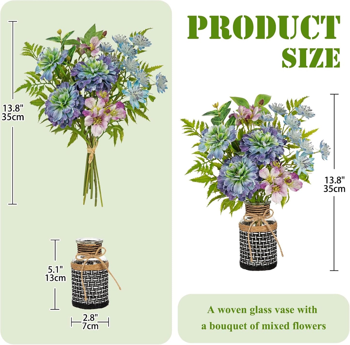 Fake Flowers in Vase Blue Faux Flowers Bush Bouquet Plant Flower Arrangements with Woven Glass Vase Artificial Flower Floral Bulk Bouquet Home Decor Bathroom Table Centerpiece Decorations