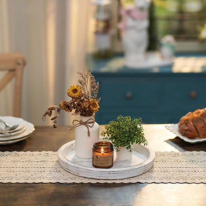 Candle Plate Holder Tray: Round White Wood Decorative Tray Decor - Rustic Farmhouse CoffeeTable Decor - Tealight Pillar Trays for Home Decor