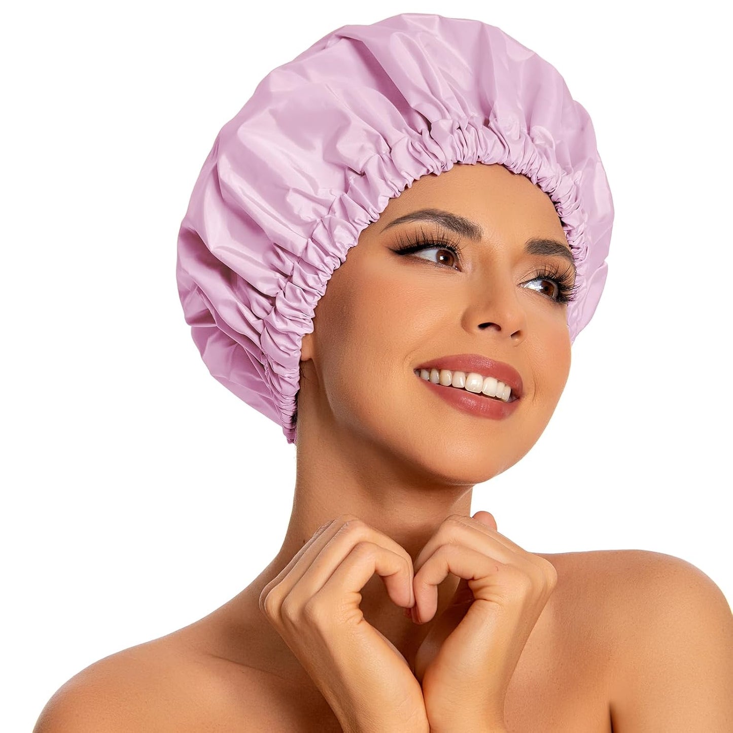 Reusable Shower Cap for Women, Large Waterproof Shower Bonnet Washable Elastic Band Bath Hair Hat for Long Hair, Braids(Pink)
