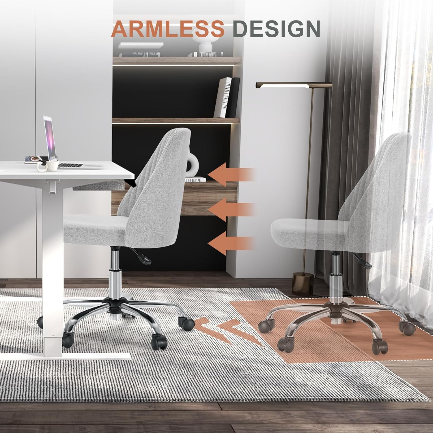 Office Chair, Comfy Desk Chair Rolling Vanity Swivel Task Chairs with Wheels, Wide Seating Armless Height Adjustable Computer Chairs for Home,Bedroom,Student,Adults, Classic Grey