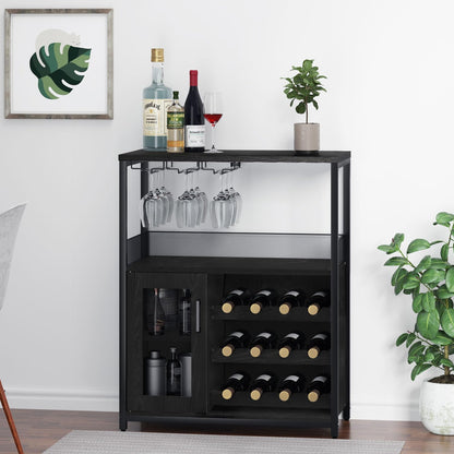 GAOMON Coffee Wine Bar Cabinet with Storage and Detachable Rack, Farmhouse Sideboard and Buffet Cabinet with Glass Holder and Mesh Door, Liquor Coffee Bar Cupboard, Black
