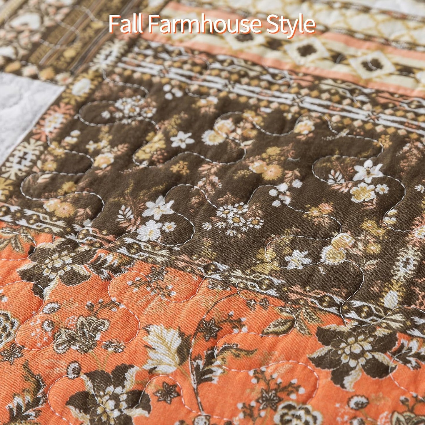 Farmhouse Cotton Quilts Queen Size for Fall - Lightweight Patchwork Autumn Bedspread Set for Bed Coverlet - Highly-Woven Soft Reversible Bed Spread for All Seasons (Floral Orange) 3 Pieces