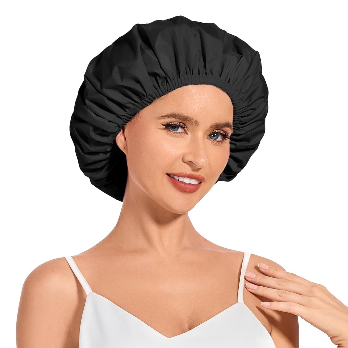 Shower Cap for Women Waterproof Reusable, Large Shower Cap Non-Slip with Elastic Band, Washable Bath Hair Hat for Long Hair, Braids (Pink)