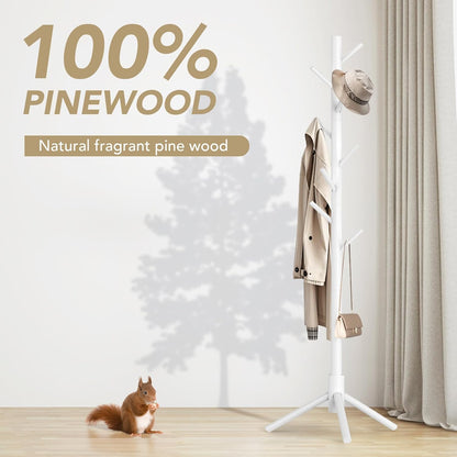 Coat Rack Freestanding with 8 Hooks,Easy Assembly New Zealand Pine Tree Coat Racks, 3 Adjustable Sizes for Clothes, Hats, Bags, for Entryway, Hallway, Bedroom, Office (White, 1 PC)