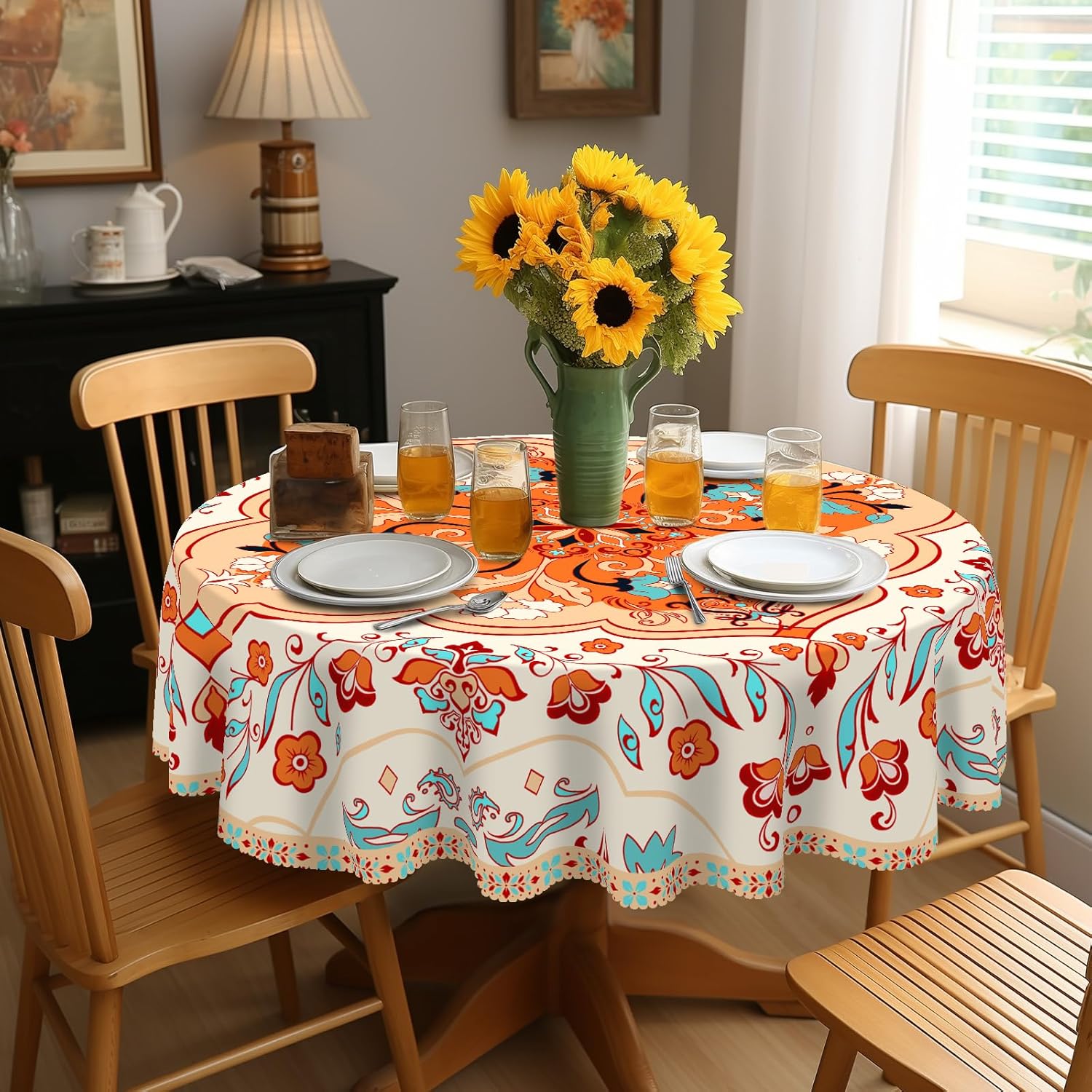 Round Tablecloth, Summer Tablecloths Polyester Waterproof Stain Wrinkle Free, Indoor and Outdoor Table Cover for Kitchen Party Dining Table
