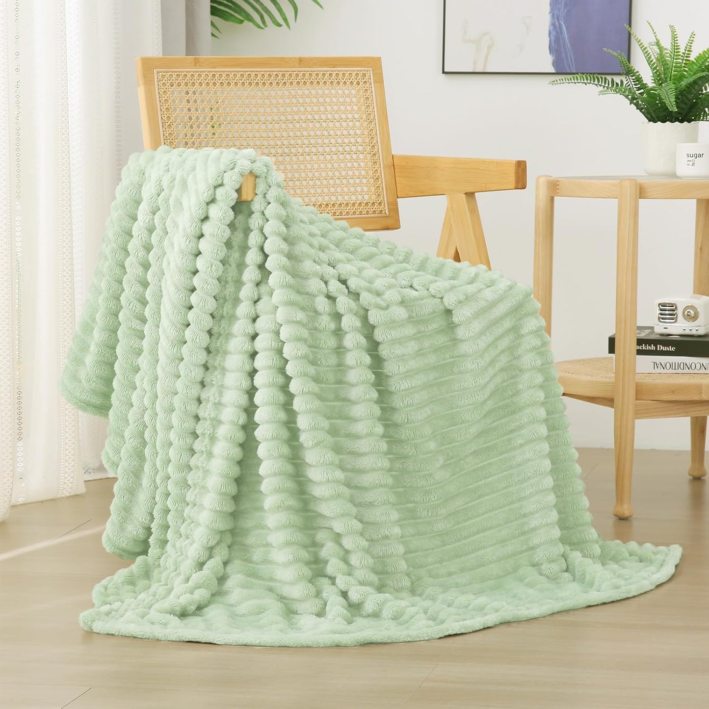 Sage Green Fleece Throw Blanket 50”×60” for Couch Sofa Bed,Super Soft Cozy Plush Microfiber Flannel Blanket with Stripes Design Lightweight for Adults,Woman,Girls