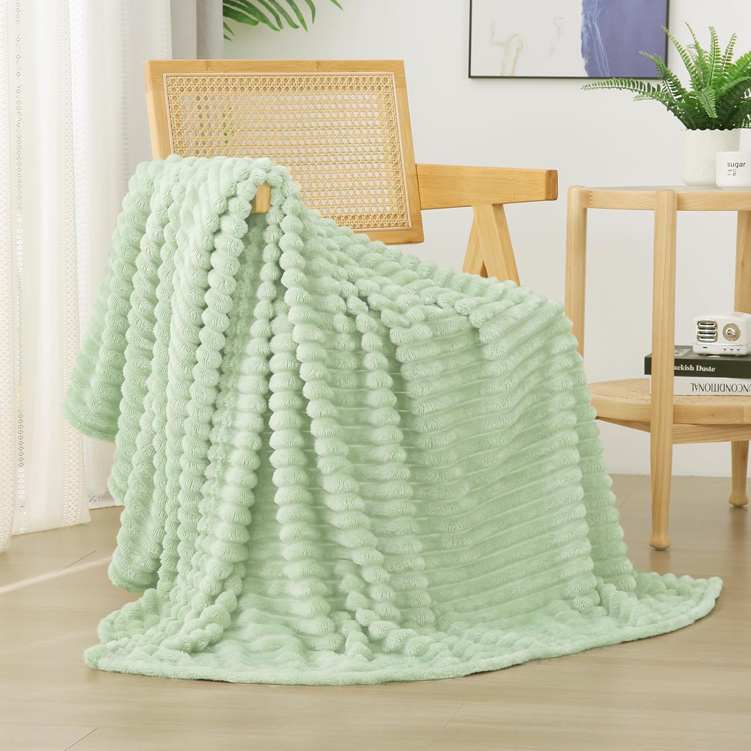 Sage Green Fleece Throw Blanket 50”×60” for Couch Sofa Bed,Super Soft Cozy Plush Microfiber Flannel Blanket with Stripes Design Lightweight for Adults,Woman,Girls