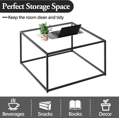 Black Glass Coffee Table for Living Room,Square Coffee Tables for Small Spaces,Simple Tea Cocktail Modern Center Tables, Living Room Tables,Easy Assembly,26 * 26in（Black & Clear Glass）