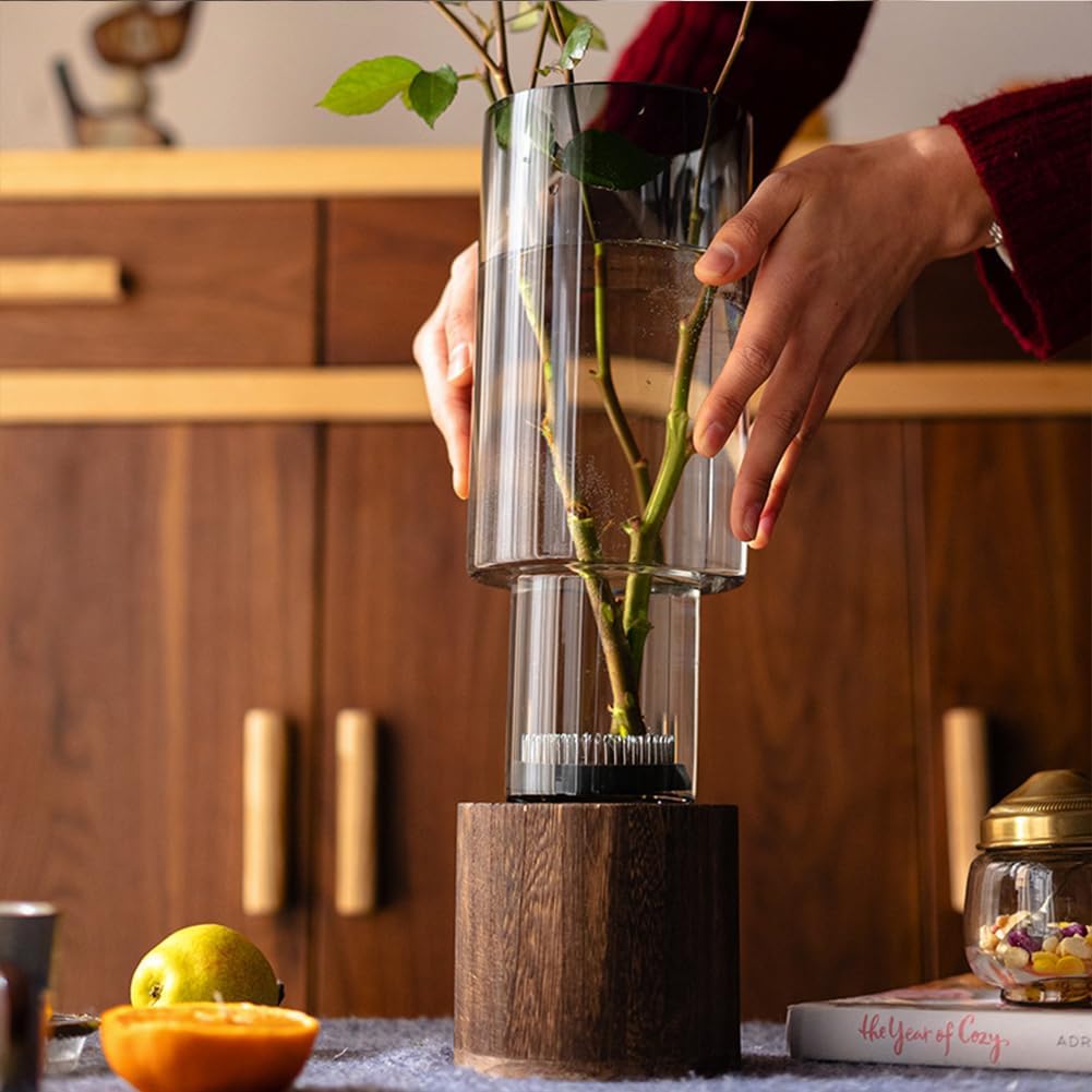 Wood Glass Vase, 10" H, Wooden Base Cylindrical Flower Vase, Classic Boho Rustic Style for Fireplace Bedroom Kitchen Living Room Centerpieces Office Desk