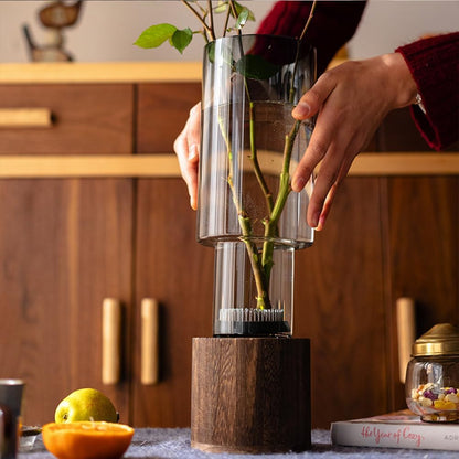 Wood Glass Vase, 10" H, Wooden Base Cylindrical Flower Vase, Classic Boho Rustic Style for Fireplace Bedroom Kitchen Living Room Centerpieces Office Desk