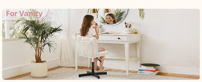 Adjustable Vanity Stool Chair with Girly Bear Ear Wide Back, 360° Swivel Vanity Stool for Makeup Room, Upholstered Teddy Velvet Ottoman for Teen Girls, 350lbs, Beige