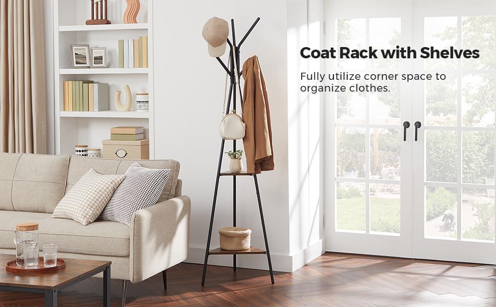 Coat Rack Freestanding, Coat Hanger Stand, Hall Tree with 2 Shelves, for Clothes, Hat, Bag, Industrial Style, Rustic Brown and Black URCR16BX