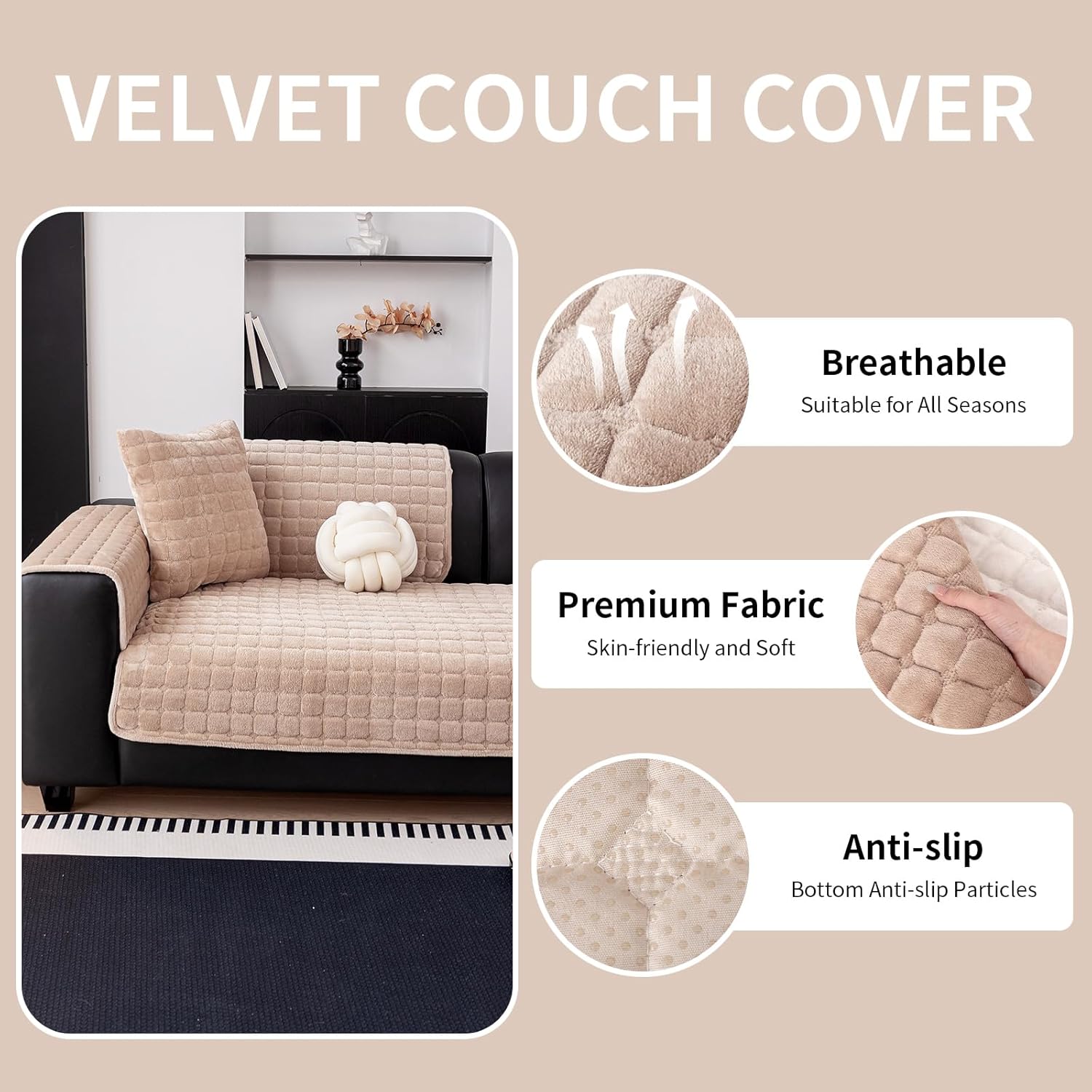 Couch Cover, Washable Sectional Sofa Cover, Anti Slip Sofa Slipcovers for 3 Cushion Couch Sofa L Shaped Recliner, Furniture Protector Covers for Pets Kids(Khaki, Only 1 PCS)