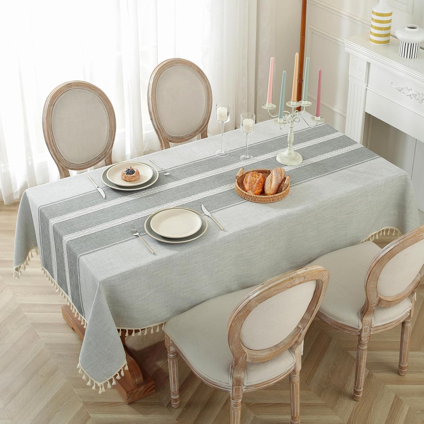 Cotton Linen Waterproof Table Cloth for Dining Table Farmhouse Kitchen Rectangle Tablecloth Coffee Wrinkle Free Tables Cover, Beige, Coffee Flower, 55x70 Inch