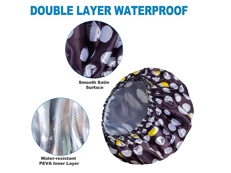 Shower Cap for Women Set of 4, Bath Caps, Double Layers Hair Caps + 2 Satin Hair Scrunchies, Reusable Waterproof Shower Caps, Elastic Hair Cap for Shower - Pattern A