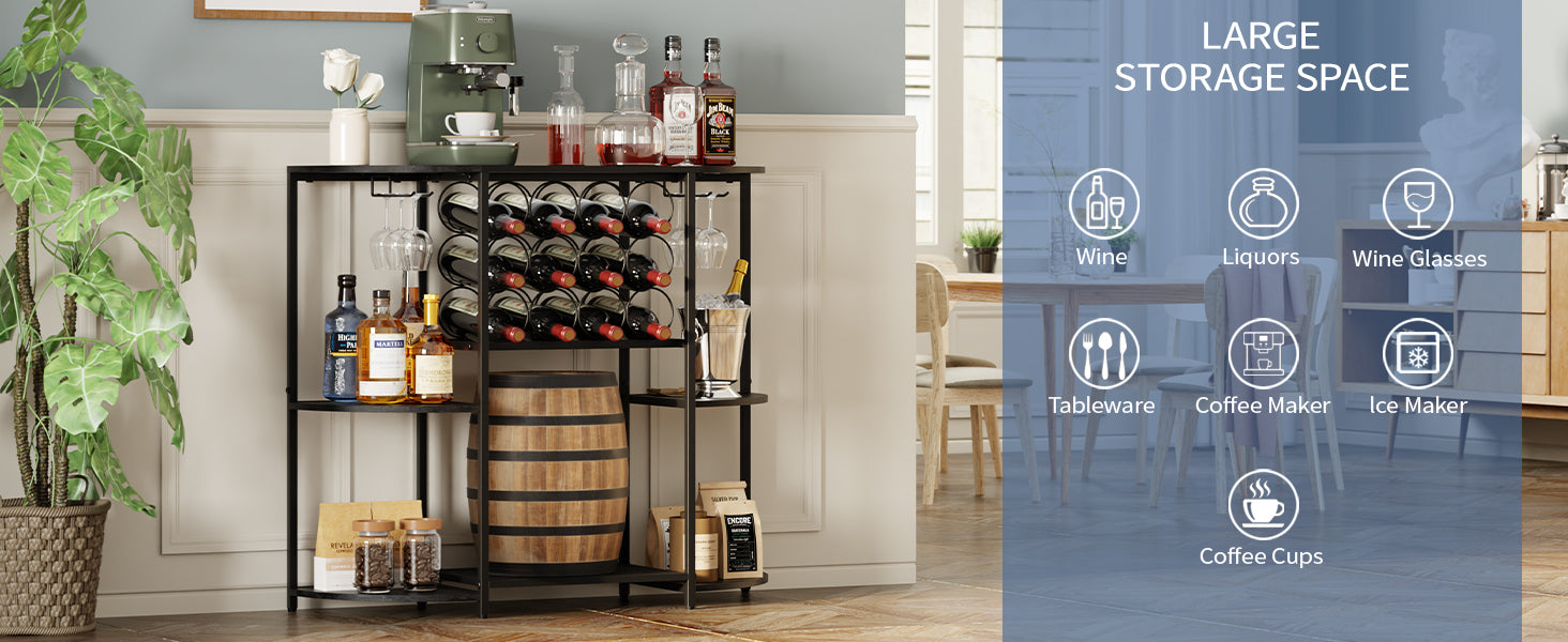 JKsmart Wine Bar Cabinet with LED Lights, Mini Wine Bar Cart with Storage and Glass Holder, Home Bar Coffee Bar for Liquor, 3-Tier Bar Table for Kitchen, Dining Room, Living Room, Black