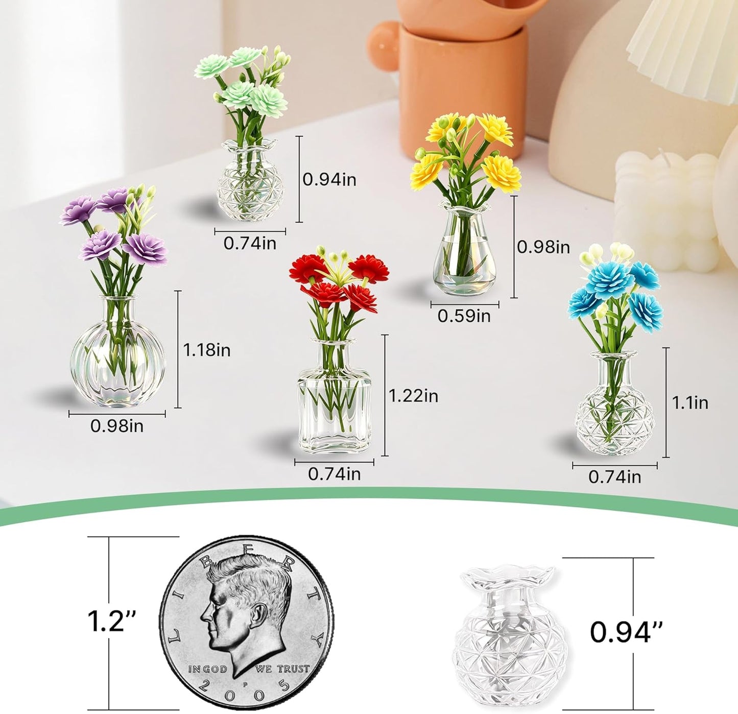 Cute Mini Vase Magnets for Fridge, Tiny Plant Glass Vases with Flowers, Magnetic Refrigerator Decor for Kitchen, Office, Locker (5 Pack)