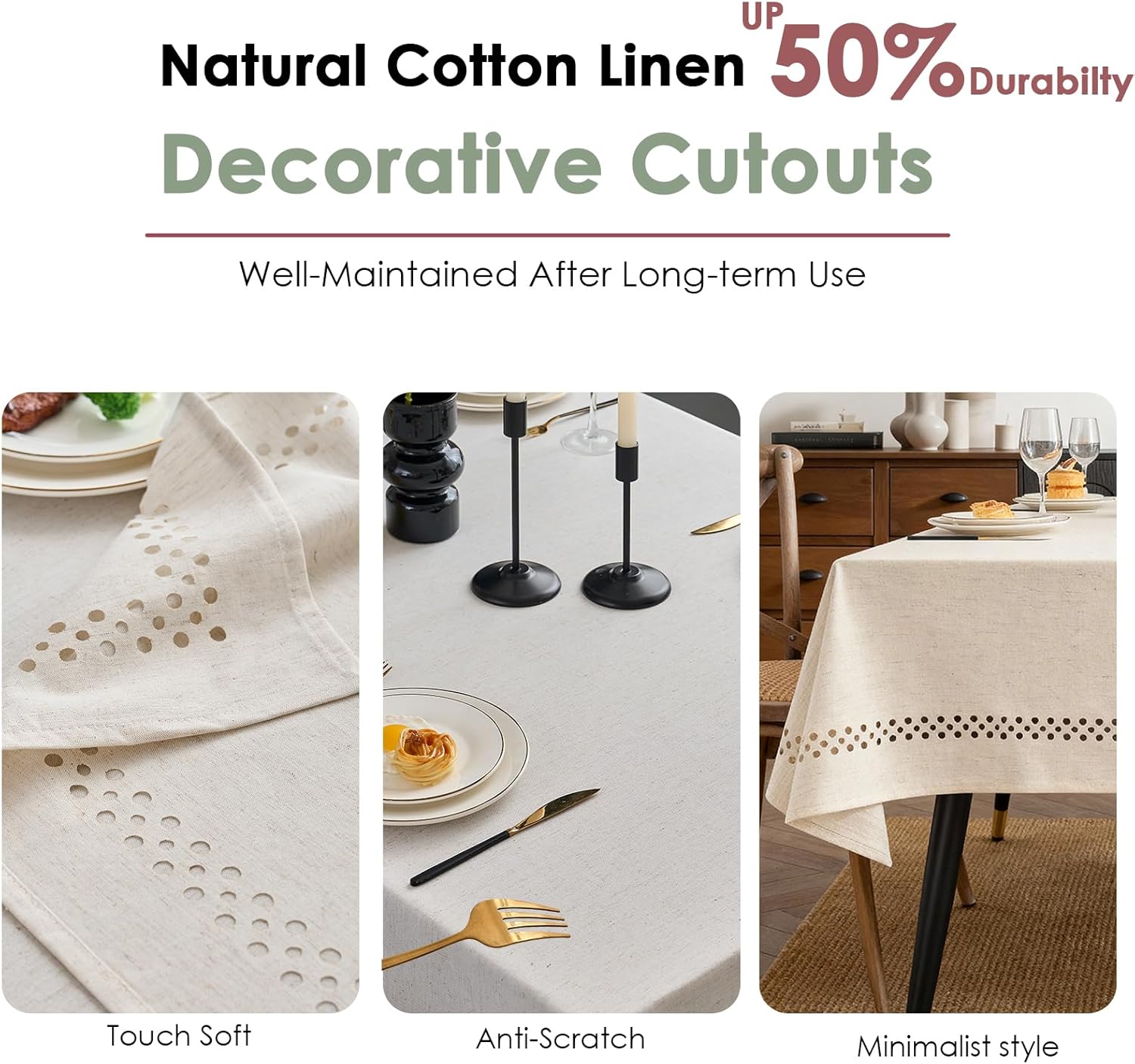 Natural Tablecloth, Rectangle Tablecloth with Decorative Cutouts, Stain Resistant & Wrinkle Free Table Cover for for Dining Table (Natural Cotton Linen, 70" x 52" (Rectangular))